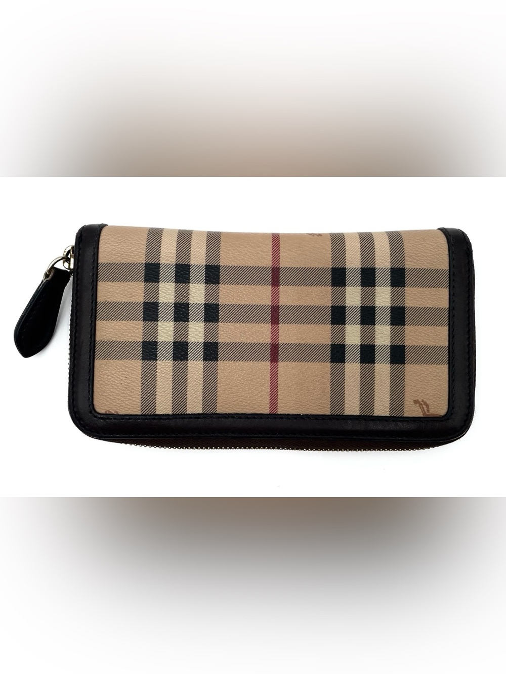 Burberry Tan Beige Check Zip-Around Wallet with Black Trim